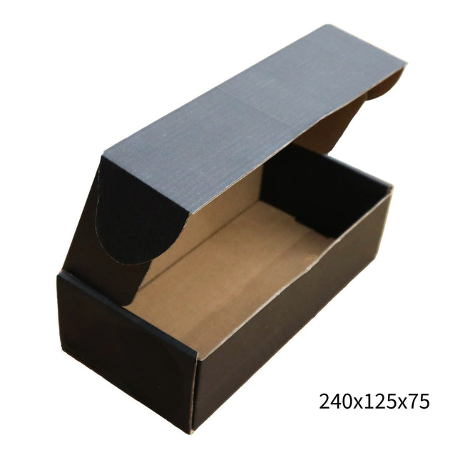 240x125x75mm Black Cardboard Mailer Box ¨C Self-Locking Die-Cut 100pk